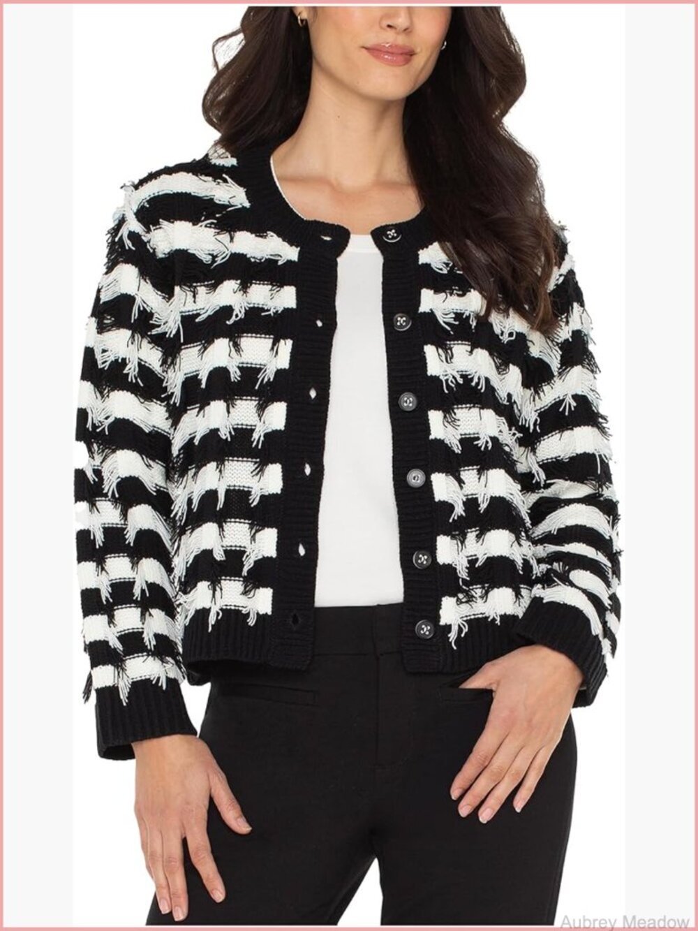 Long Sleeve Fringe Cardigan Sweater - Classic Fit, Crew Neck